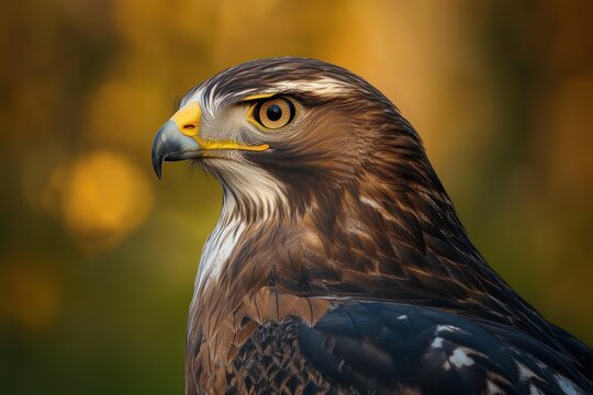close-up profile of a brown raptor with a hooked beak and intense golden eye, regal and alert expression against a warm blurred background