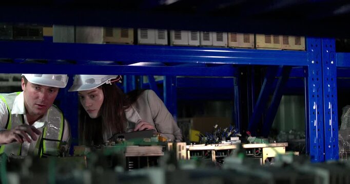 Robotic engineer check components on shelf, evaluate quality, functionality, suitability, compatibility for integration into larger robotic systems. Ensuring every component meets standards required
