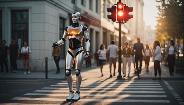 Firefly robot crosses street while pedestrians wait at red traffic light in city scene