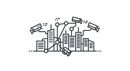 Obraz premium A line drawing of a city skyline with security cameras and a network connection