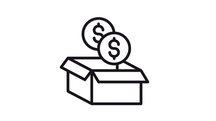 Black vector icon illustration of an open cardboard box with dollar coins floating above it, representing shipping costs, cashback, product value, or donation symbol on white background. © Abu