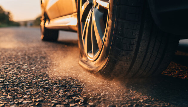 Flat tire on a car seen from a low angle shot on asphalt during sunset