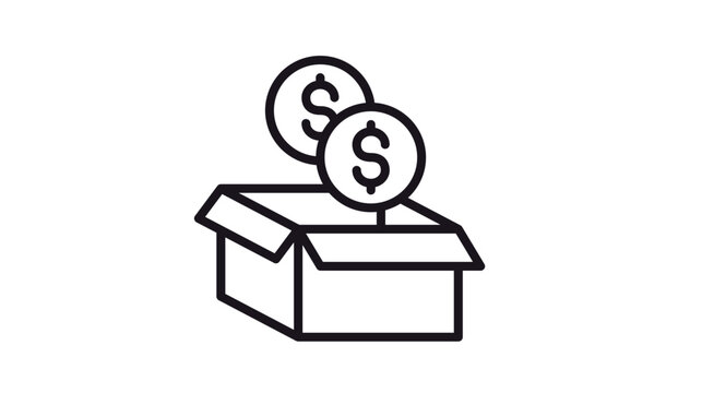 Black vector icon illustration of an open cardboard box with dollar coins floating above it, representing shipping costs, cashback, product value, or donation symbol on white background.