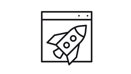Website launch and startup concept vector icon illustration featuring a rocket ship inside a browser window, symbol for speed, performance, and web development, isolated on white background. © Abu