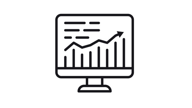 Minimalist black line vector icon of a computer monitor showing a data analytics dashboard with a rising line graph and bar charts, representing business growth, progress, and market success.