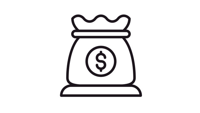 Minimalist black line art vector icon of a money bag with a dollar sign symbol, representing finance, wealth, savings, banking, and investment, isolated on white for clean graphic design.