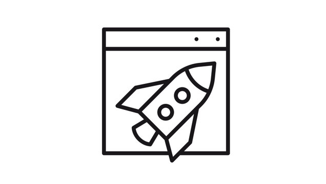 Website launch and startup concept vector icon illustration featuring a rocket ship inside a browser window, symbol for speed, performance, and web development, isolated on white background.