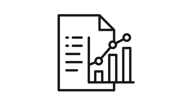 Black vector icon of a business report document featuring a line graph with data points and a bar chart, symbolizing data analysis, financial statistics, professional growth, and market trends.