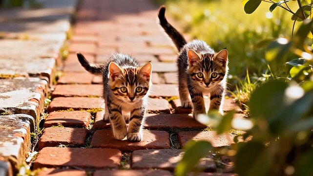 Two kittens walking on brick path