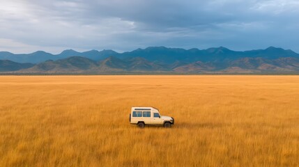 Fototapeta premium A lone white SUV drives through a vast golden grassland with a mountain range and cloudy sky in the background.