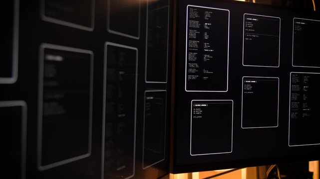Close up computer monitors displaying fictional programming code and software development interface, technology workspace concept