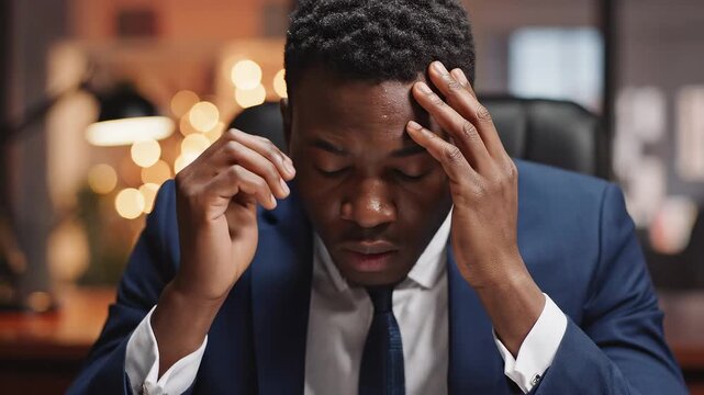 Man in suit holding head in office for commercial backgrounds, digital design, and advertising