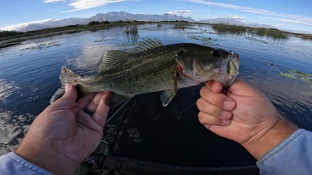 Fisherman on float tube in lake displays largemouth bass to POV camera