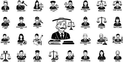 Obraz premium Law and Justice Black and White Glyph Icon Set: Diverse Court Judges and Legal System Elements with Scales of Justice, Gavel, and Books for Judiciary Concepts.