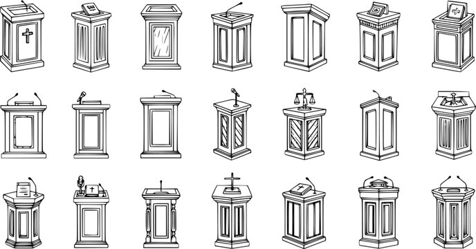 Diverse Hand Drawn Black  White Line Art Podiums and Lecterns Vector Set for Public Speaking, Religious, Legal, Political, and Educational Communication
