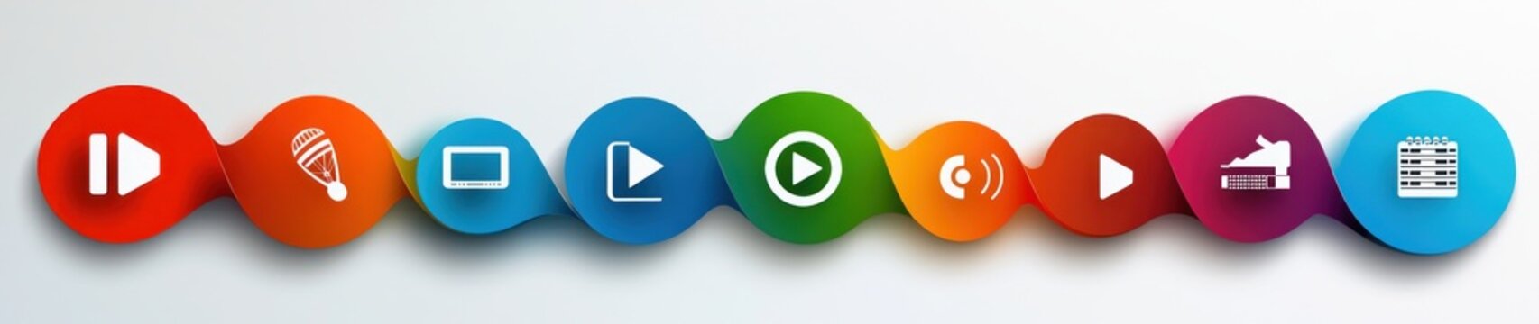 colorful connected circular icons on a flowing ribbon showing pause, hot air balloon, monitor, play symbols, central play button, audio waves, shoe on platform and calendar &mdash; vibrant playful dynamic