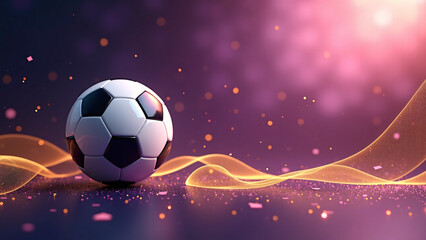 Naklejka premium A classic black‑and‑white soccer ball floats before a vibrant swirl of purple, pink, and orange light, glowing with motion, energy, and an abstract sense of creative excitement. 