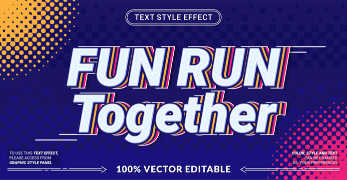 Editable text effect vector &ldquo;Fun Run Together&rdquo; features bold sporty lettering with vibrant layered stripes, capturing energetic, friendly vibes perfect for running events and community races.