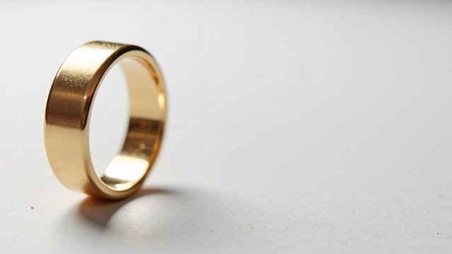 A simple gold ring rests on a smooth pale surface, its soft matte exterior and shining inner band catching gentle light, creating a quiet moment of elegance and permanence.
