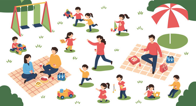 Flat Design Family Picnic and Playground Icons Set Featuring Children Playing, Eating, and Enjoying Outdoor Activities
