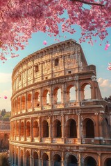 Obraz premium Ancient Roman amphitheater bathed in golden light framed by pink cherry blossoms and drifting petals, evoking wonder and serenity