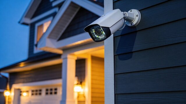 Outdoor security camera mounted on modern house exterior at dusk, monitoring residential property, home protection, surveillance system, smart home safety concept