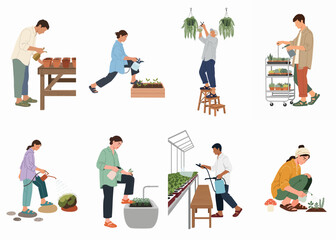 Fototapeta premium Flat illustration set of diverse people caring for plants, watering, spraying, and gardening in various indoor and outdoor settings.