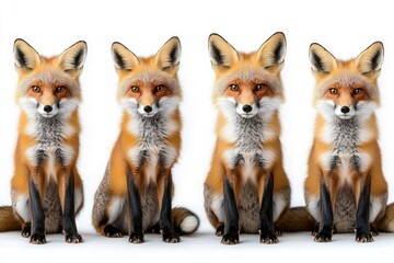 Fototapeta premium Four red foxes sitting in a row on a white background, three faces blurred and one clear fox staring with a calm curious expression