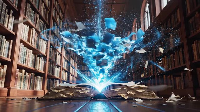 open book with glowing pages in library for commercial advertising, marketing campaigns, and creative projects