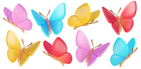 Set of colorful 3D butterflies in blue, red, and yellow, flying in different angles, isolated on background. Cute cartoon insects for spring and summer design, stickers, kids. 3d render  © Hannet