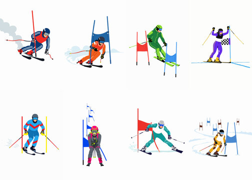 Set of colorful illustrations showing various alpine skiers racing through gates and celebrating at the finish line in a flat design style.
