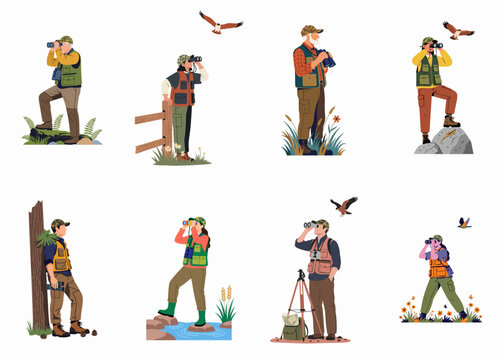 Flat vector illustration collection of diverse people birdwatching and observing wildlife with binoculars in various scenic outdoor environments