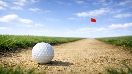 Obraz premium Golf ball on a dirt path leading to a hole with a red flag