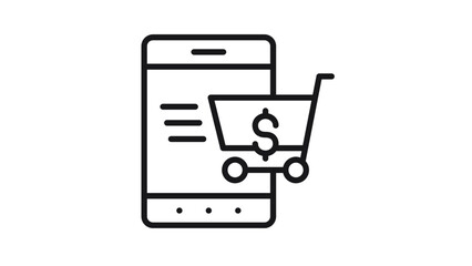 Mobile e-commerce vector icon illustration featuring a smartphone with a shopping cart and dollar sign symbol, representing online shopping, digital payments, and m-commerce in a minimalist black © Sumon