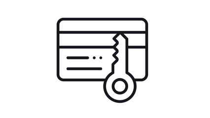 Secure credit card payment vector icon illustration featuring a minimalist black line art design of a payment card with a key symbol, representing data protection, privacy, and financial safety. © Sumon