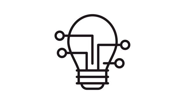 Minimalist black vector icon of a light bulb integrated with circuit board lines and nodes, representing digital innovation, artificial intelligence, creative technology, and smart connectivity.