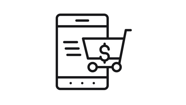 Mobile e-commerce vector icon illustration featuring a smartphone with a shopping cart and dollar sign symbol, representing online shopping, digital payments, and m-commerce in a minimalist black