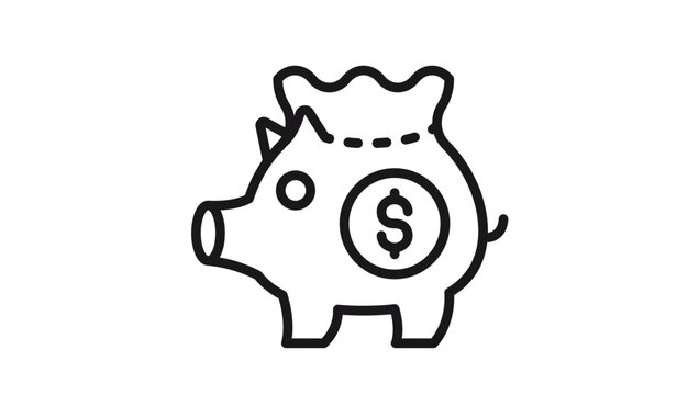 Black line art vector icon illustration of a piggy bank with a money bag on top and a dollar sign coin on its side, representing savings, investment, banking, and financial growth concepts.