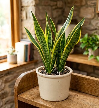 A snake plant with green and yellow striped leaves grows in a simple cream colored pot on a wooden surface