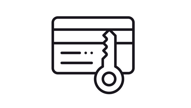 Secure credit card payment vector icon illustration featuring a minimalist black line art design of a payment card with a key symbol, representing data protection, privacy, and financial safety.