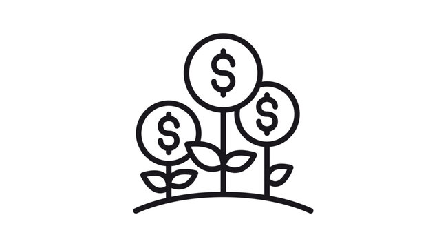 Minimalist black line vector icon illustration of money plants growing from the ground with dollar signs, symbolizing financial growth, investment success, wealth accumulation, and profit.