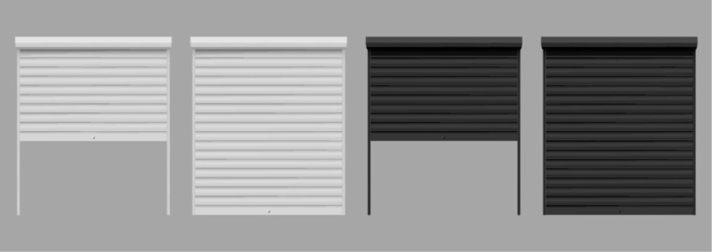 Modern black white metal shutter, closed and half open, vector illustration isolated on transparent background. Realistic 3D roller blind for shop, garage or warehouse door, industrial exterior