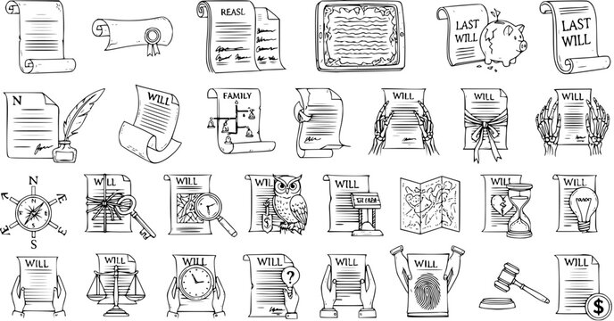 Black  White Line Art Will and Last Will Document Icons Set for Legal Services and Estate Planning. Hand-Drawn Sketch Collection of Inheritance, Testament, and Family Law Doodles.
