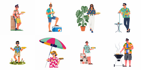 Set of flat vector illustrations featuring diverse people in colorful Hawaiian shirts enjoying a summer backyard barbecue party with grilled corn. © Akira