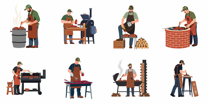 Set of illustrations featuring male pitmasters and chefs grilling and smoking ribs on various types of barbecue equipment and smokers.