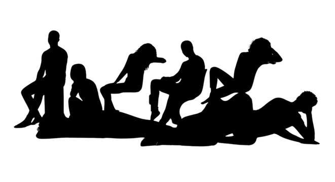 Silhouettes of people in dynamic yoga poses on a mat isolated on transparent background, Vector