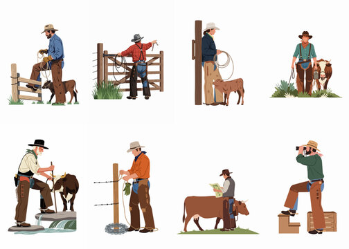 Set of diverse illustrations featuring cowboys and ranch workers engaged in various agricultural tasks like livestock management and fence repair on a ranch.