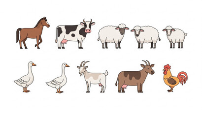 Obraz premium Farm animal vector bundle with horse cow sheep goat goose and rooster set