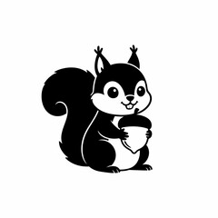 Naklejka premium Cute black and white cartoon squirrel holding an acorn, illustration