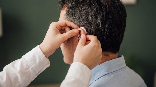 A doctor fitting a hearing aid into a patient's ear carefully